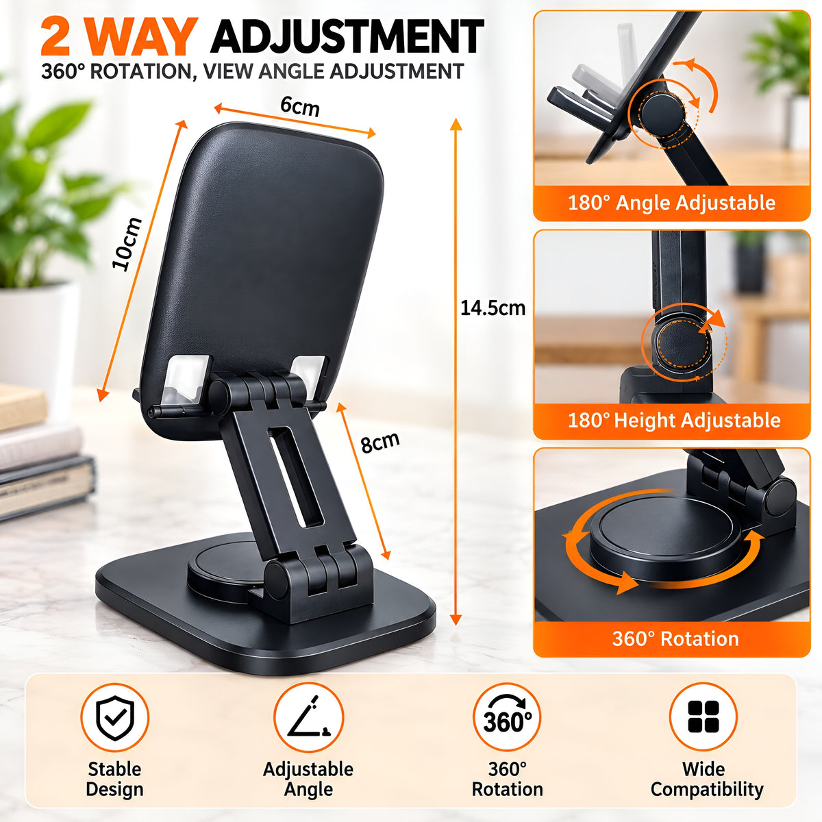 Upix Rotatable and Foldable Tabletop Mobile Stand with Stable Metalic Round Base