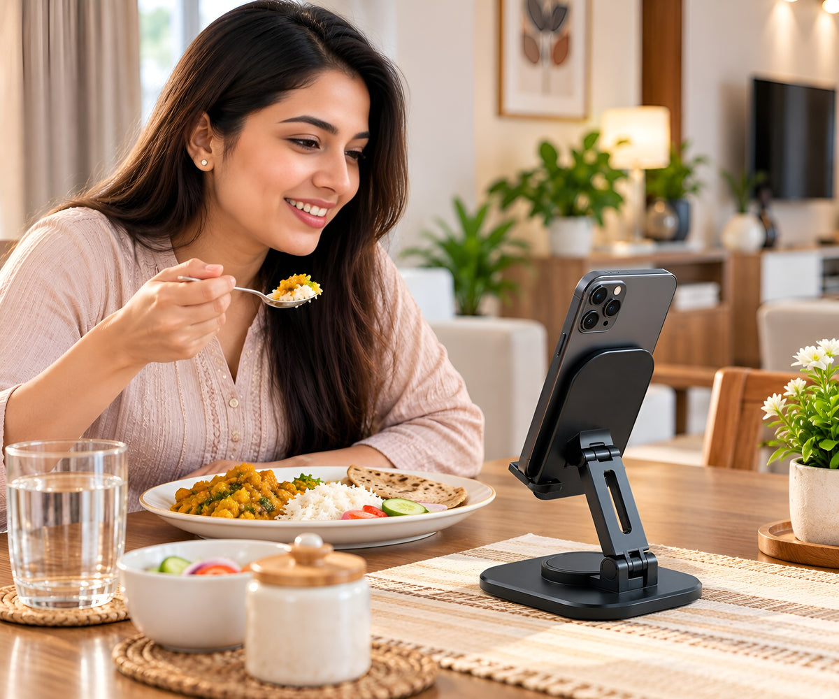 Upix Rotatable and Foldable Tabletop Mobile Stand with Stable Metalic Round Base