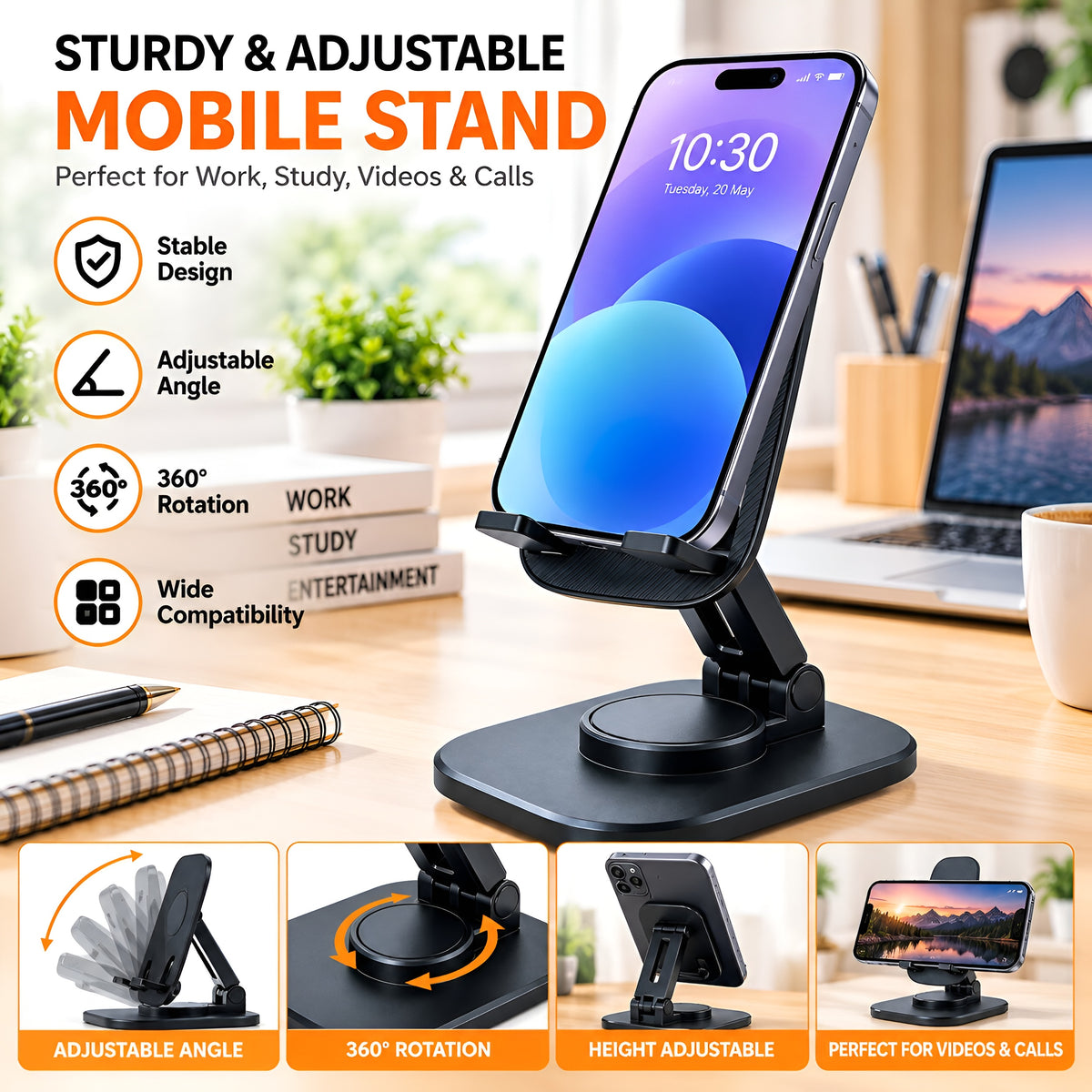 Upix Rotatable and Foldable Tabletop Mobile Stand with Stable Metalic Round Base