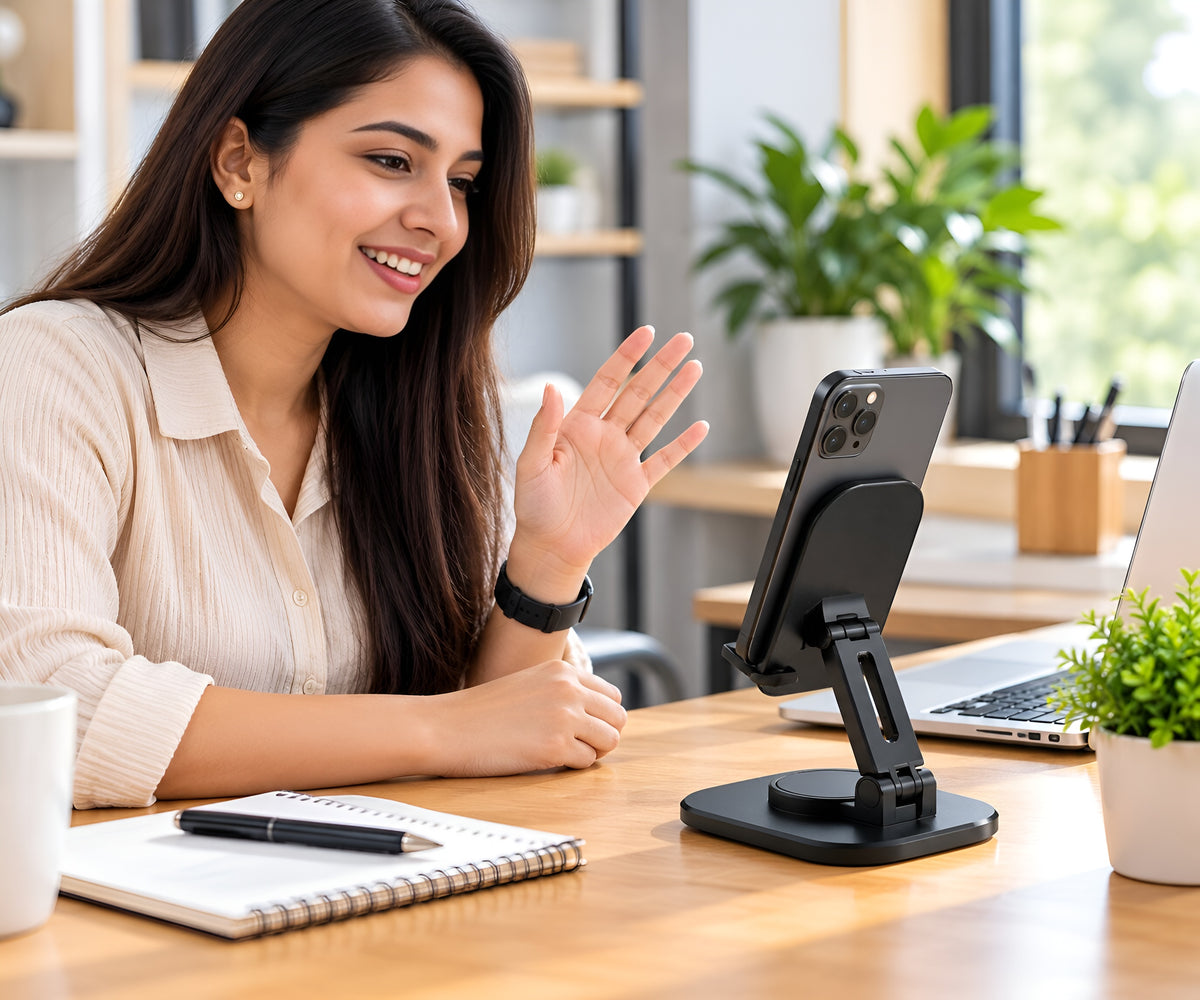 Upix Rotatable and Foldable Tabletop Mobile Stand with Stable Metalic Round Base