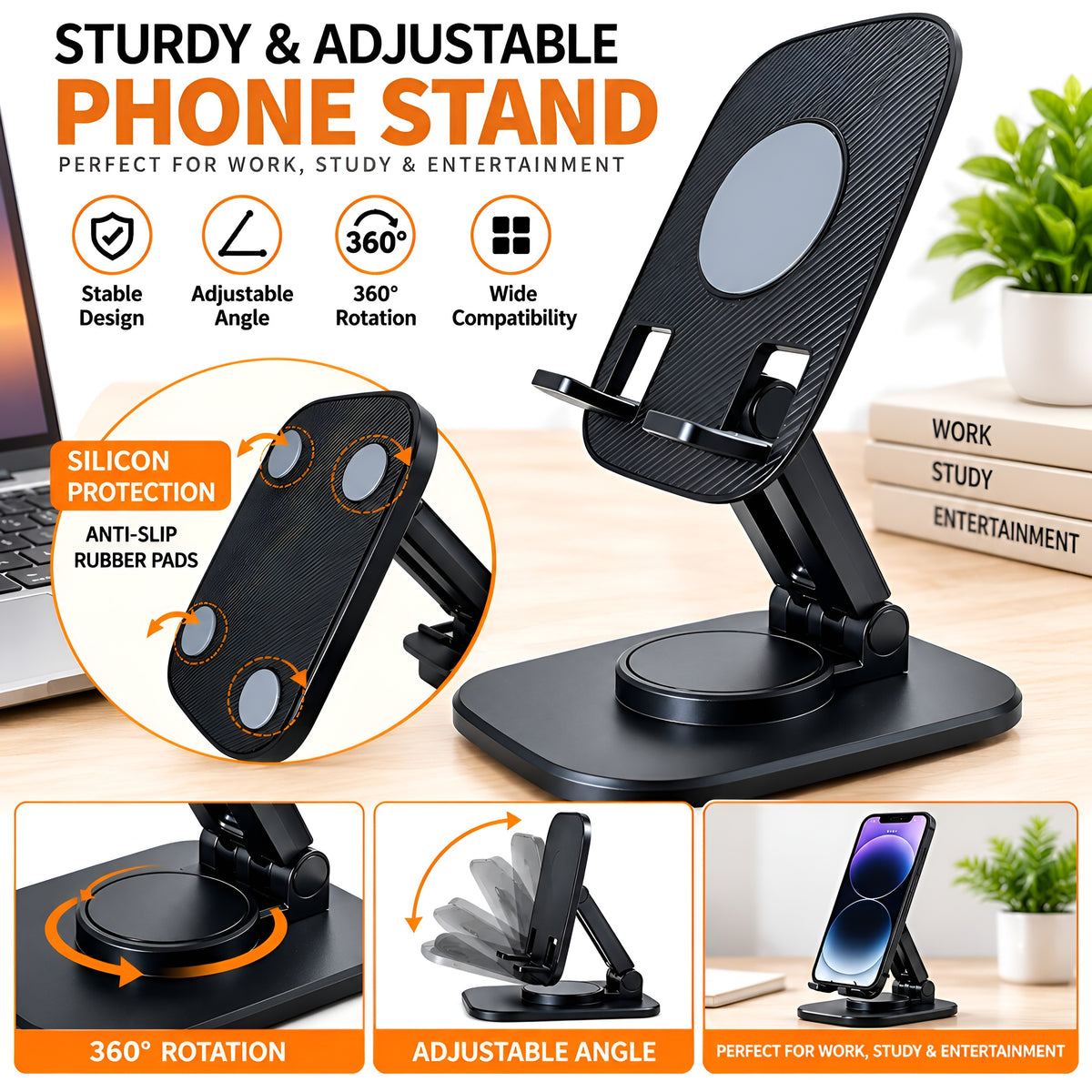 Upix Rotatable and Foldable Tabletop Mobile Stand with Stable Metalic Round Base