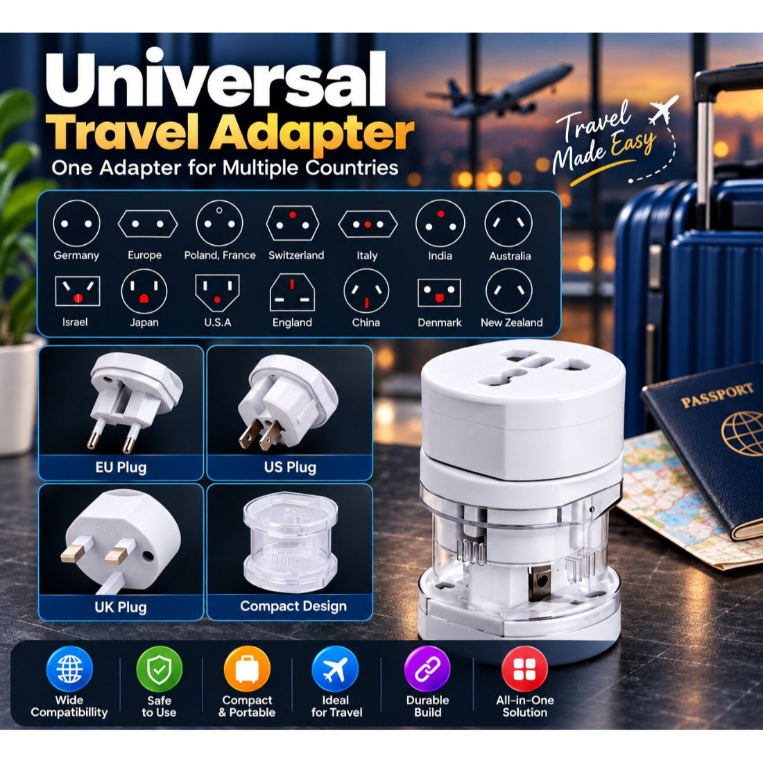 Upix Universal Multipurpose Travel Adapter for US, AUS, UK, EU, NZ, Europe, North/South America