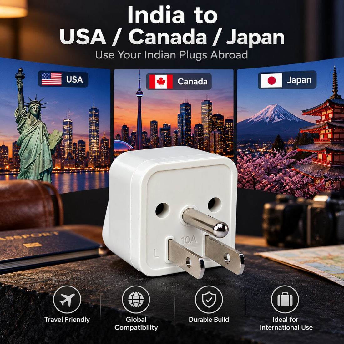 Upix World to US/Canada/Japan (Type B) Travel Adapter Plug, India to USA, India to Canada, India to Japan