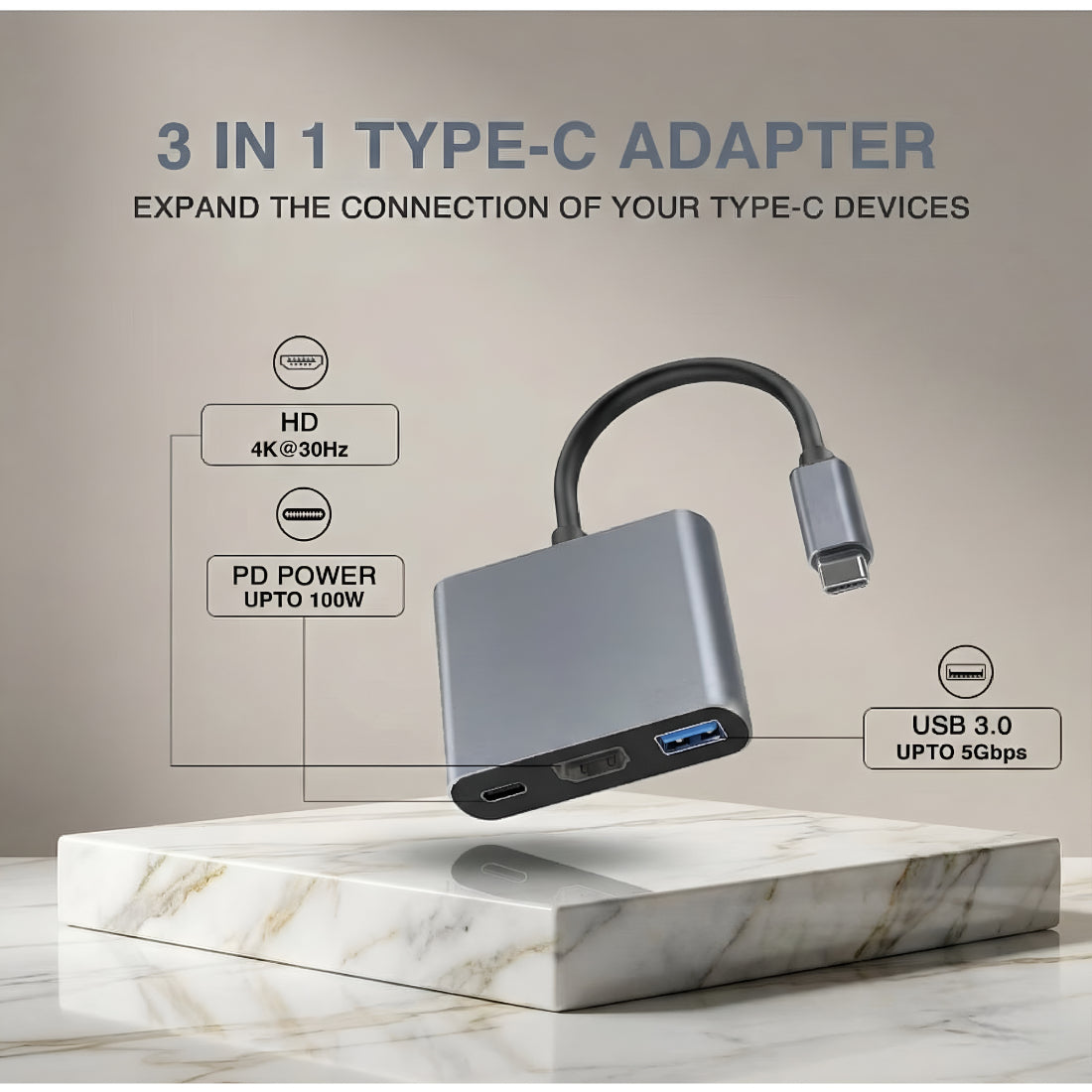 Upix USB-C to HDMI 3-in-1 Adapter, 4K@30Hz, 100W PD, Compatible with MacBook, iPad Pro, Laptop and Type-C Devices