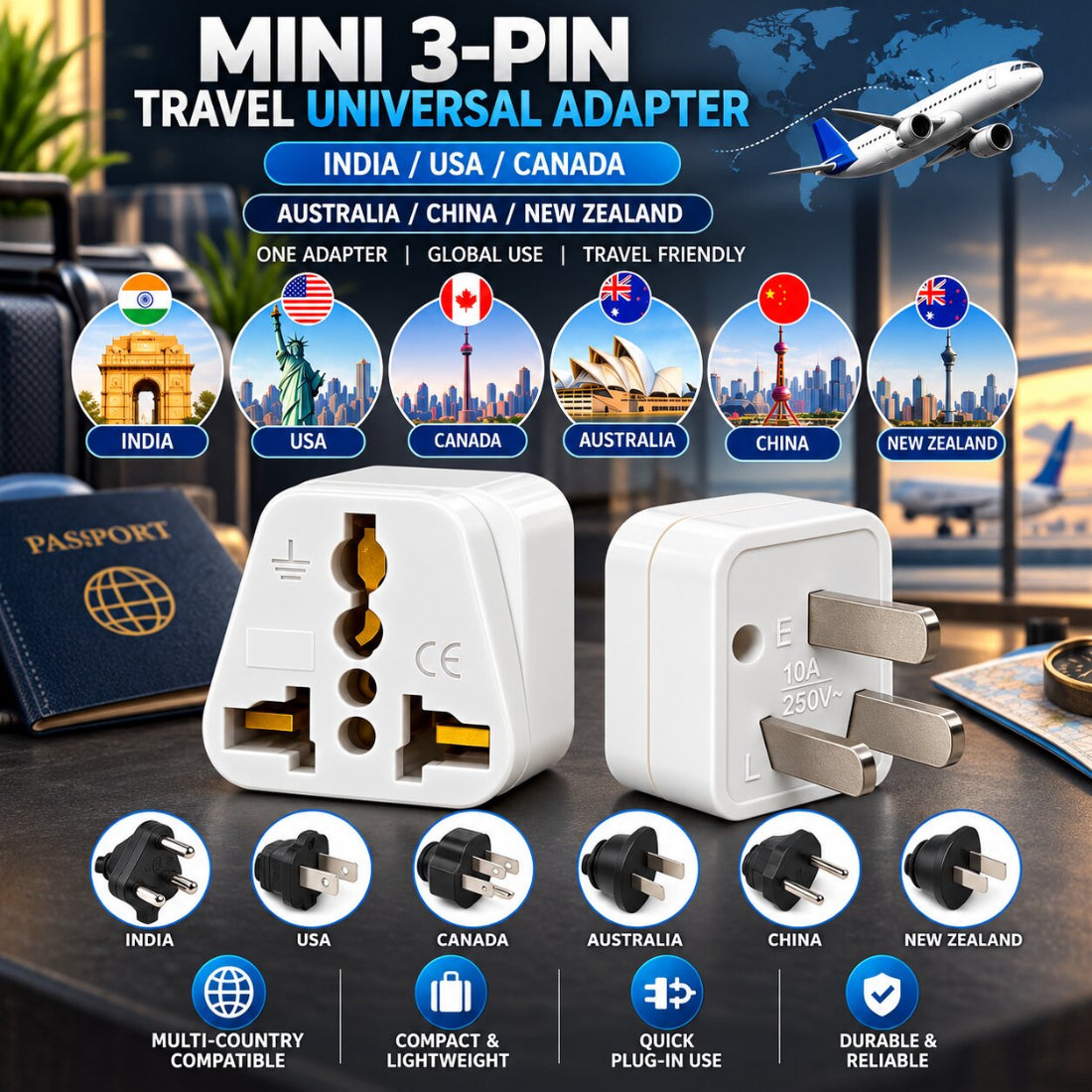 Upix World to Australia, China, New Zealand (Type I) Travel Adapter Plug, World (India, USA, Canada, and More)
