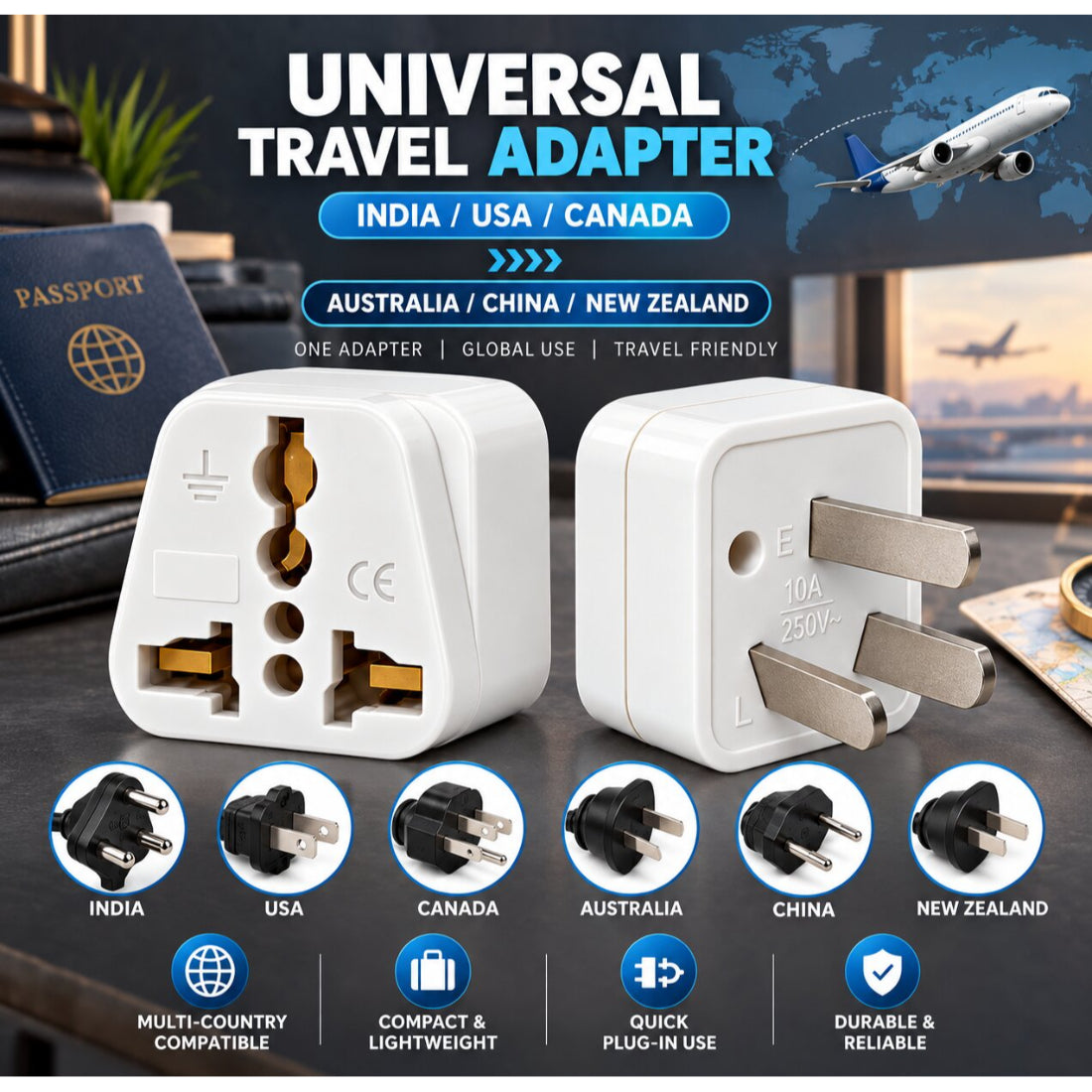 Upix World to Australia, China, New Zealand (Type I) Travel Adapter Plug, World (India, USA, Canada, and More)