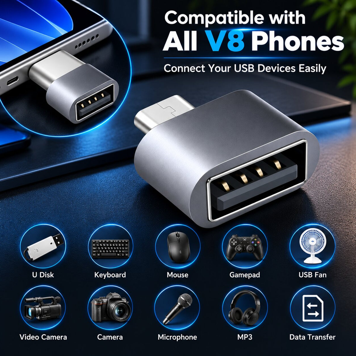 Upix USB Type V8 to USB A Female OTG Adapter