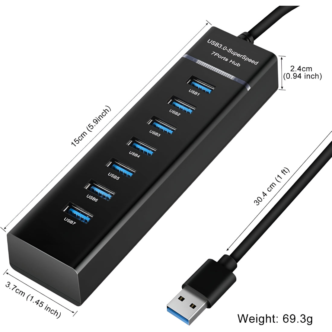 Upix 7 Port USB 3.0 Hub with Hi Speed Data Transfer, LED Indication, 30.4 cm Cable