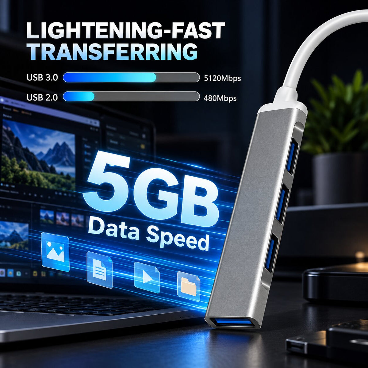 Upix 4 Port USB 3.0 Hub with Hi Speed Data Transfer