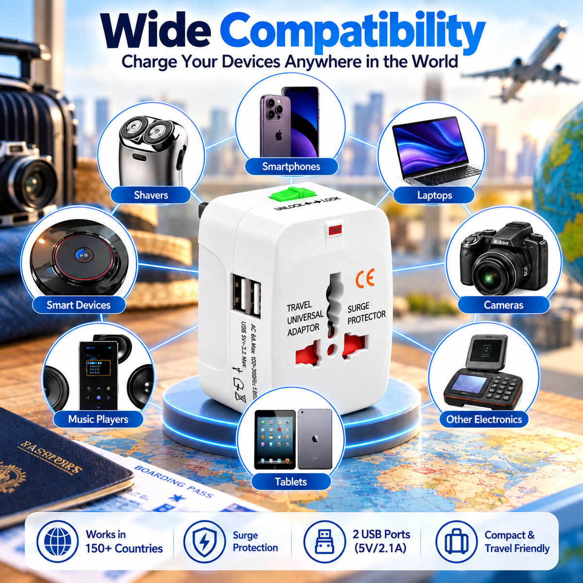 Upix Universal Travel Adapter Type A with 100-240V 6A, 2 USB Ports, USB 1000mA Max
