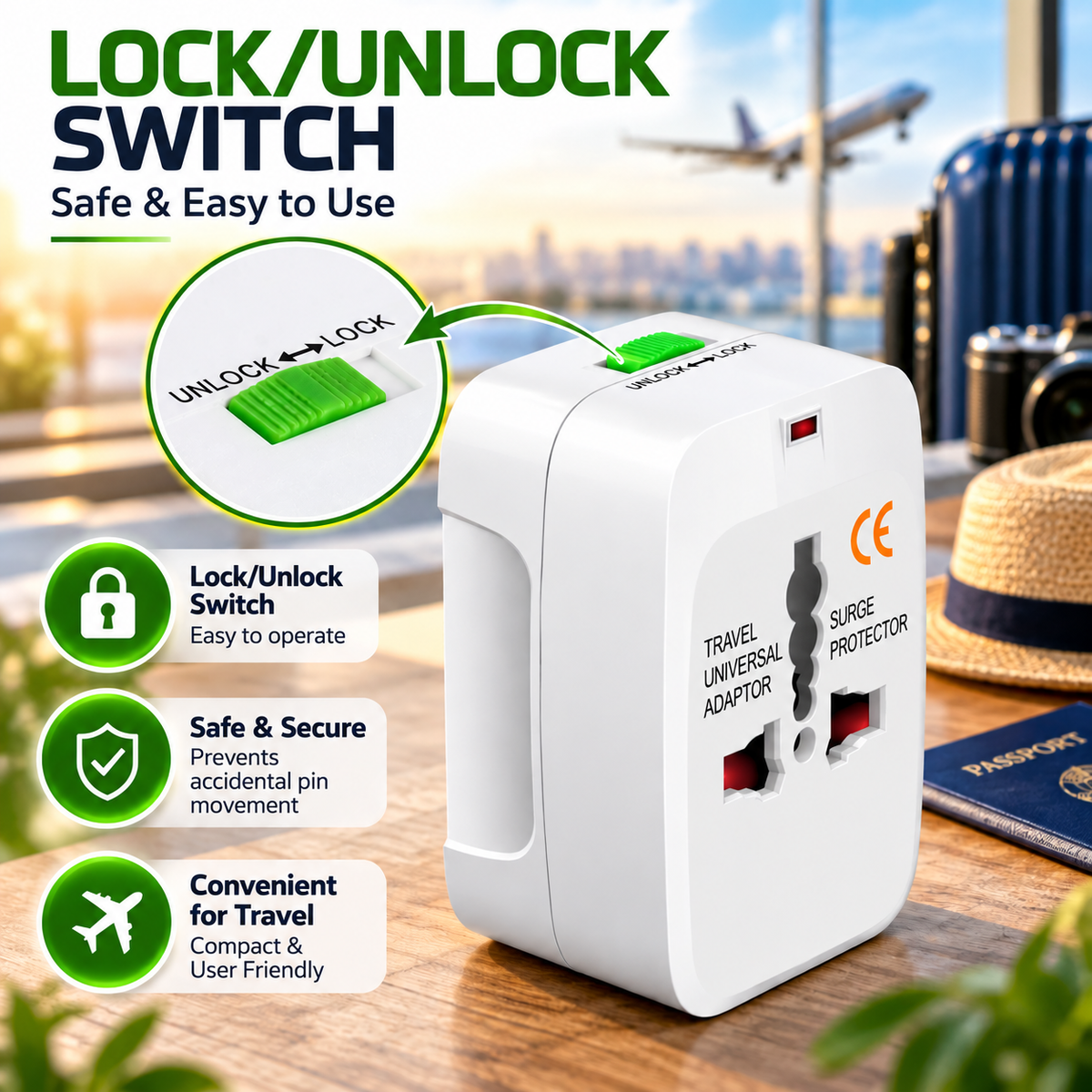 Upix Universal Travel Adapter Type A with 100-240V 6A, 2 USB Ports, USB 1000mA Max
