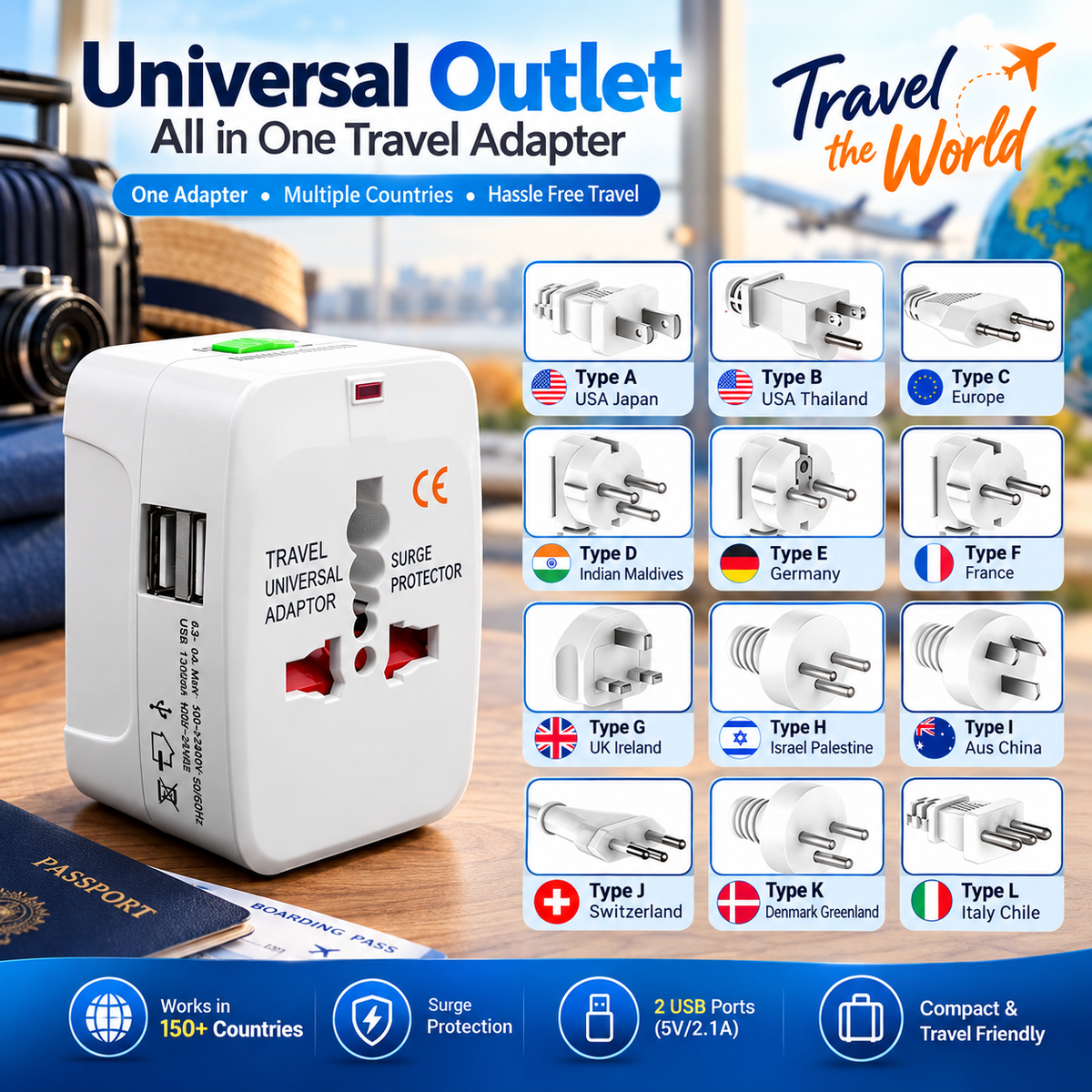 Upix Universal Travel Adapter Type A with 100-240V 6A, 2 USB Ports, USB 1000mA Max