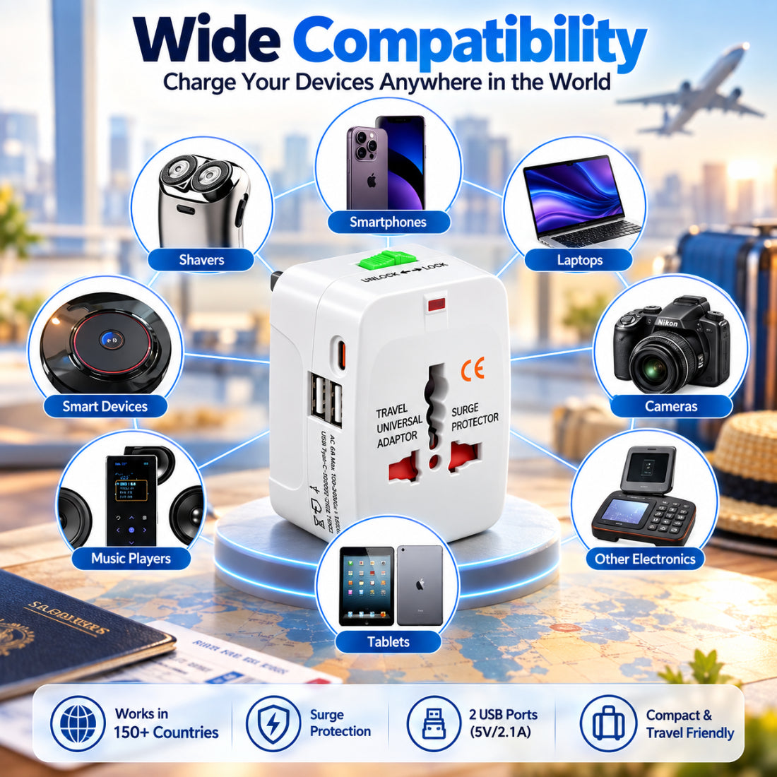 Upix Universal Travel Adapter with Type C Charging Ports