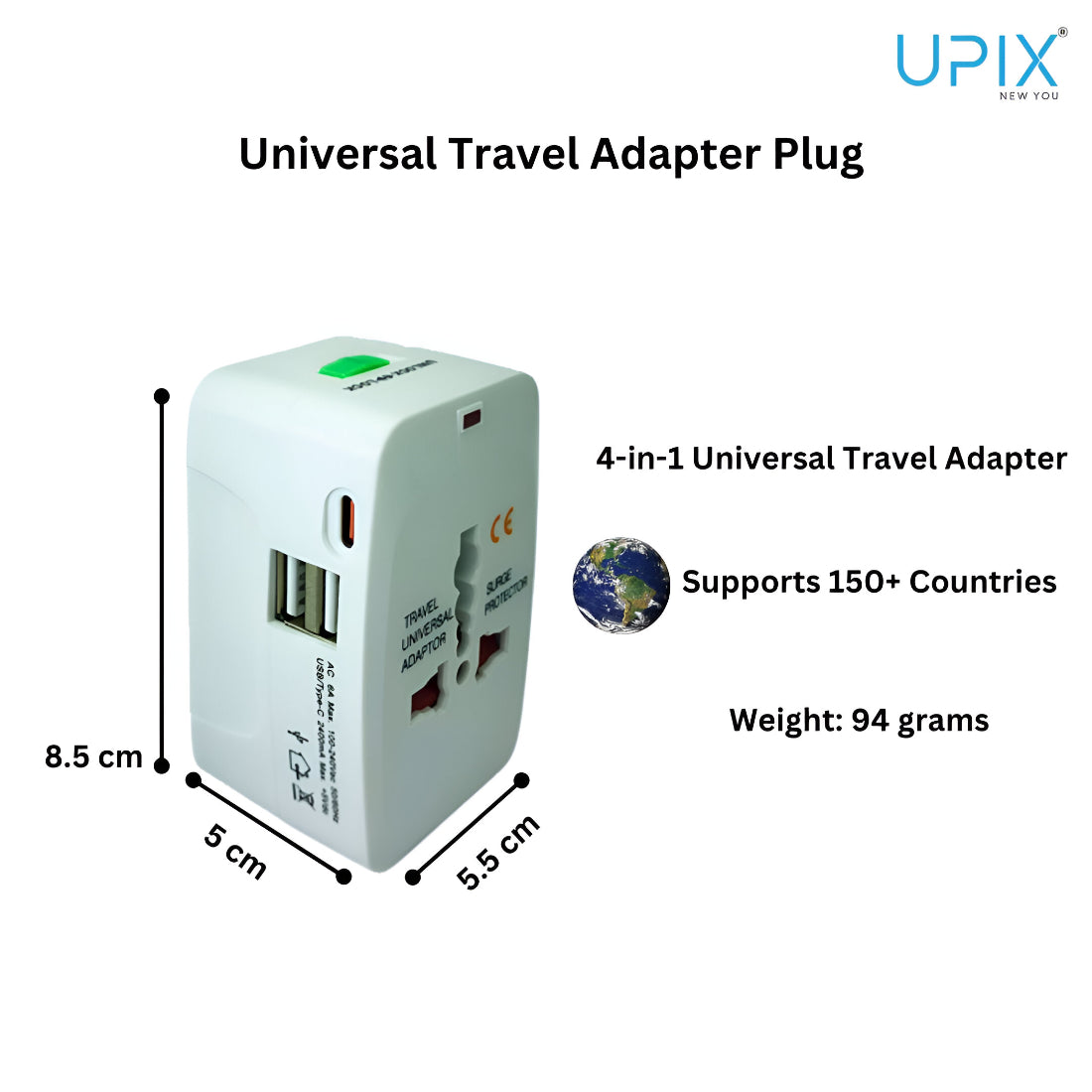 Upix Universal Travel Adapter with Type C Charging Ports