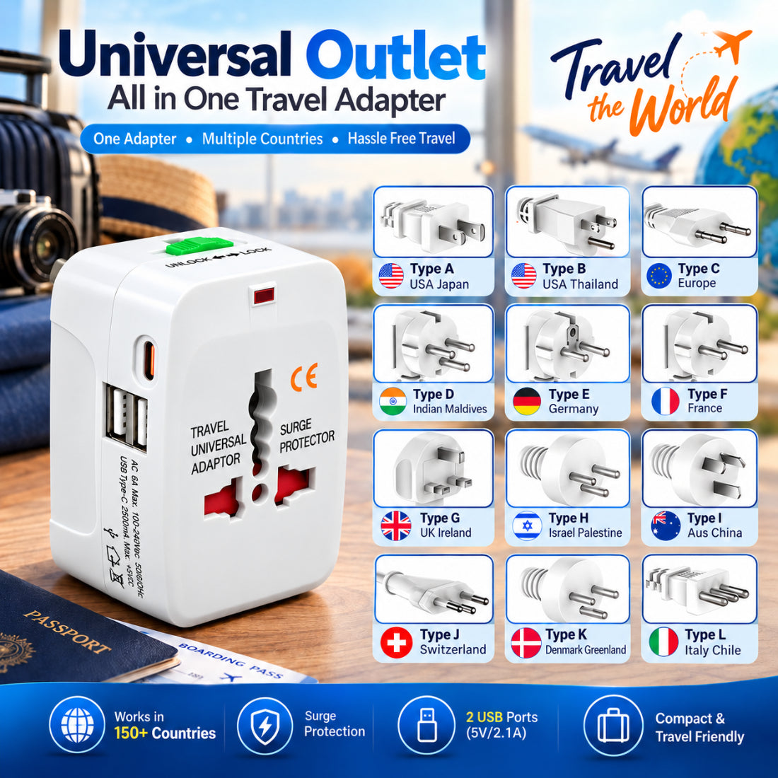 Upix Universal Travel Adapter with Type C Charging Ports