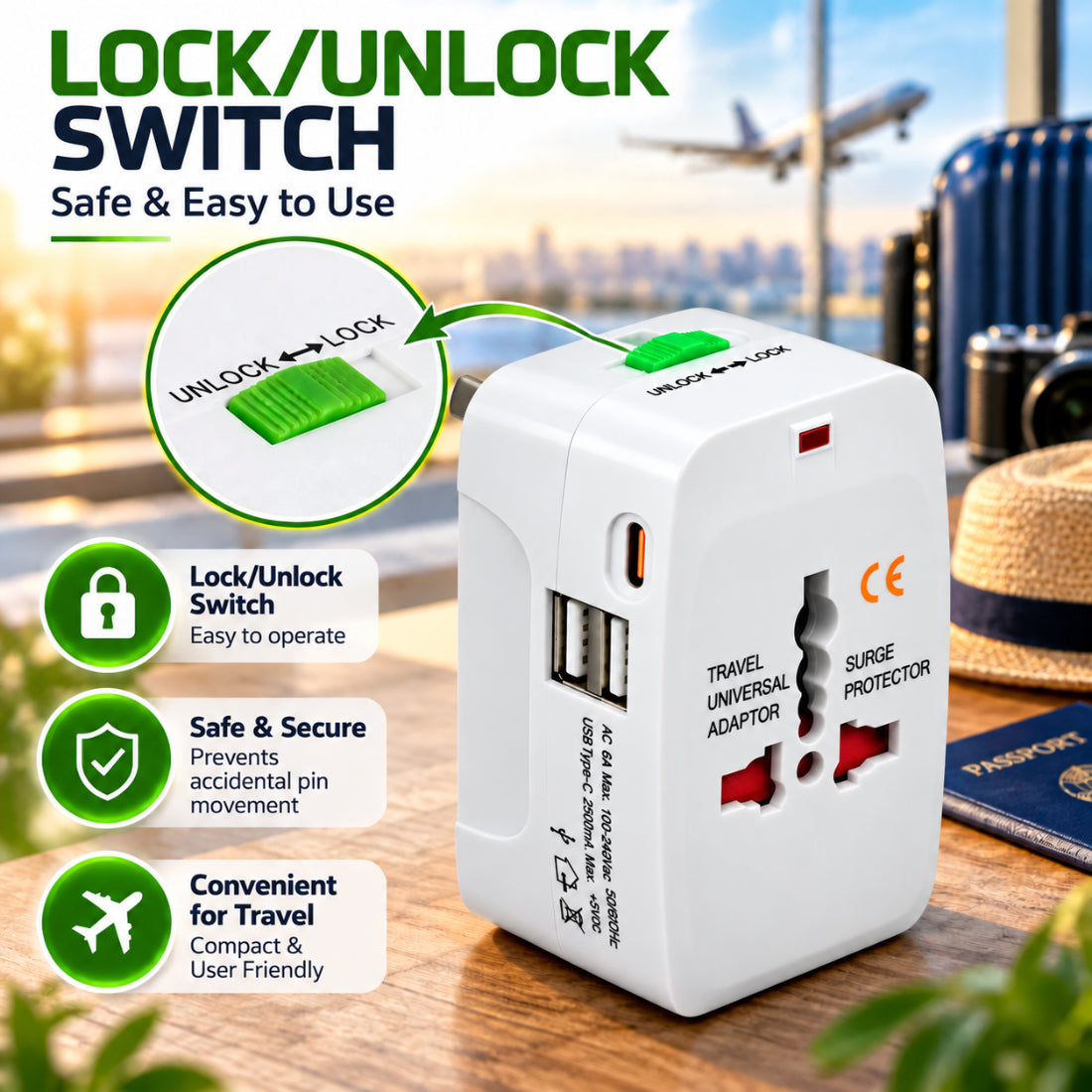 Upix Universal Travel Adapter with Type C Charging Ports