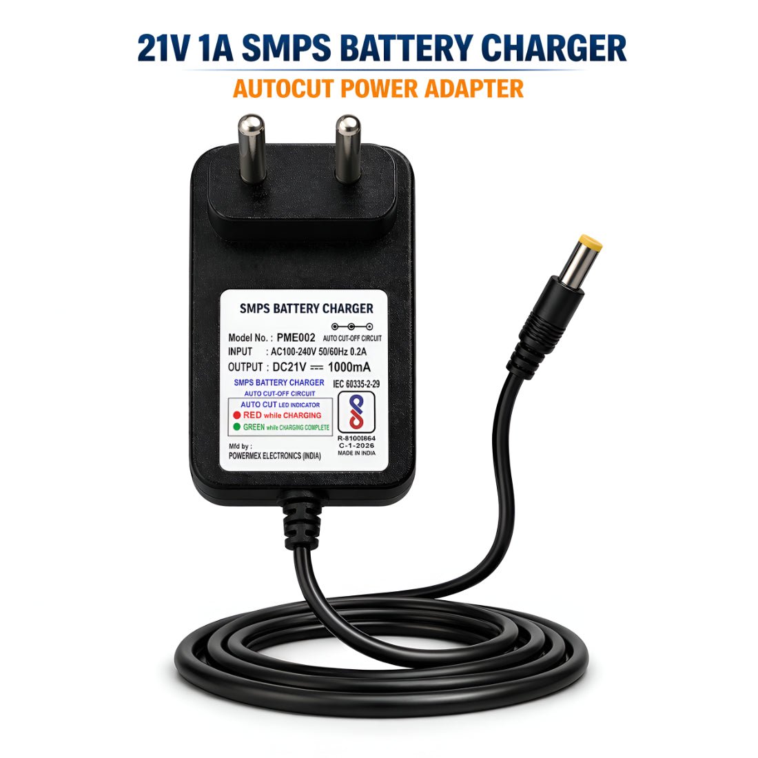 Upix 21V 1A Battery Charger for Kids Ride-On Car/Bike, Auto Cut-Off SMPS Power Adapter with LED Indicator, DC Pin - Upix Inc.