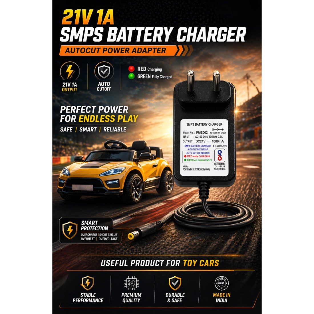 Upix 21V 1A Battery Charger for Kids Ride-On Car/Bike, Auto Cut-Off SMPS Power Adapter with LED Indicator, DC Pin - Upix Inc.