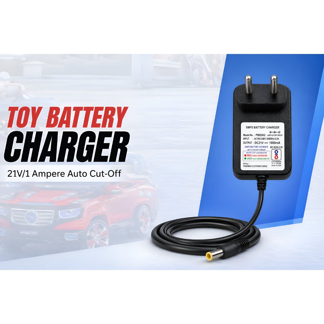 Upix 21V 1A Battery Charger for Kids Ride-On Car/Bike, Auto Cut-Off SMPS Power Adapter with LED Indicator, DC Pin - Upix Inc.