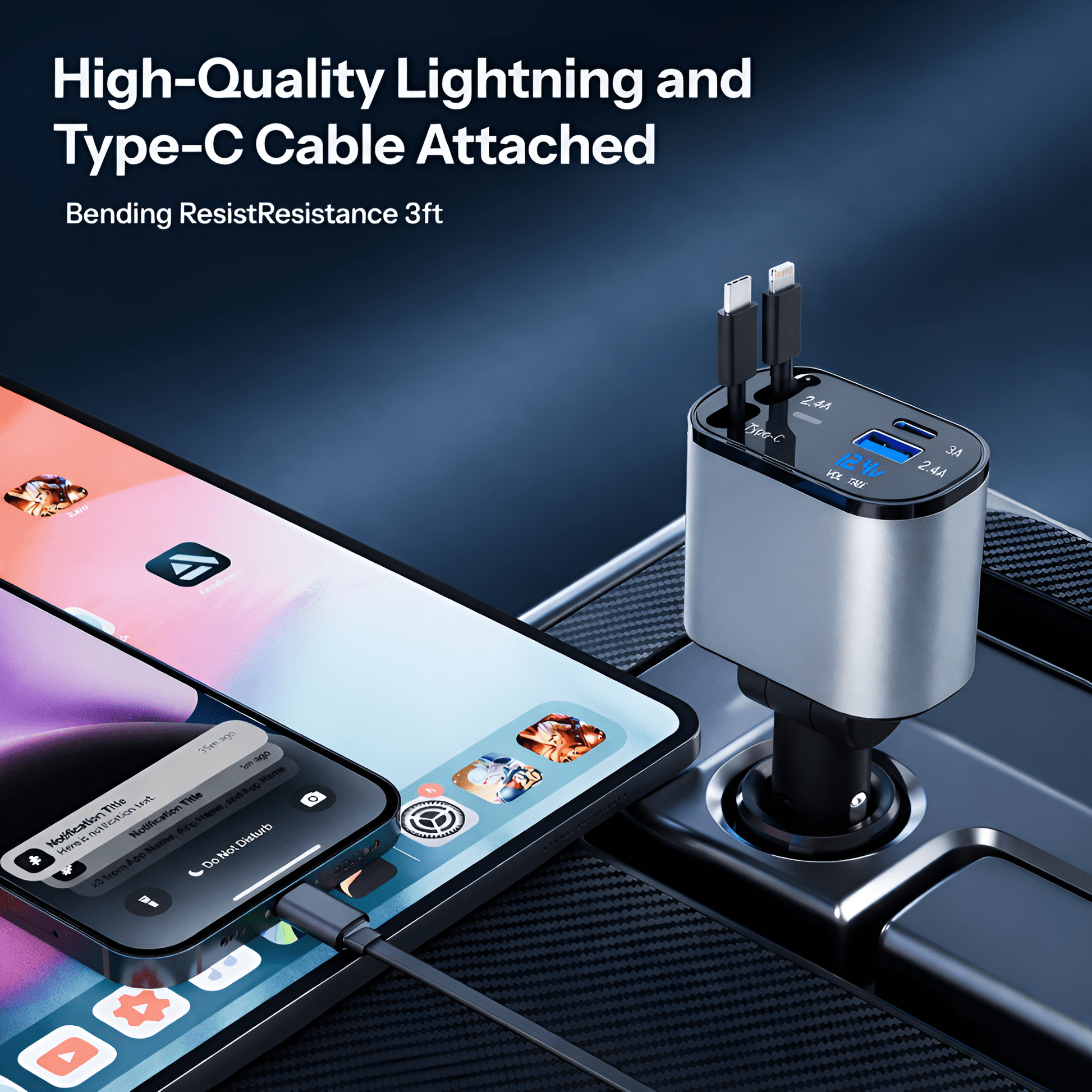 Upix 4-in-1 Retractable Car Charger 120W Super Fast Charging, Dual Ports Car Adapter with Type-C and Lightning Cable - Upix Inc.