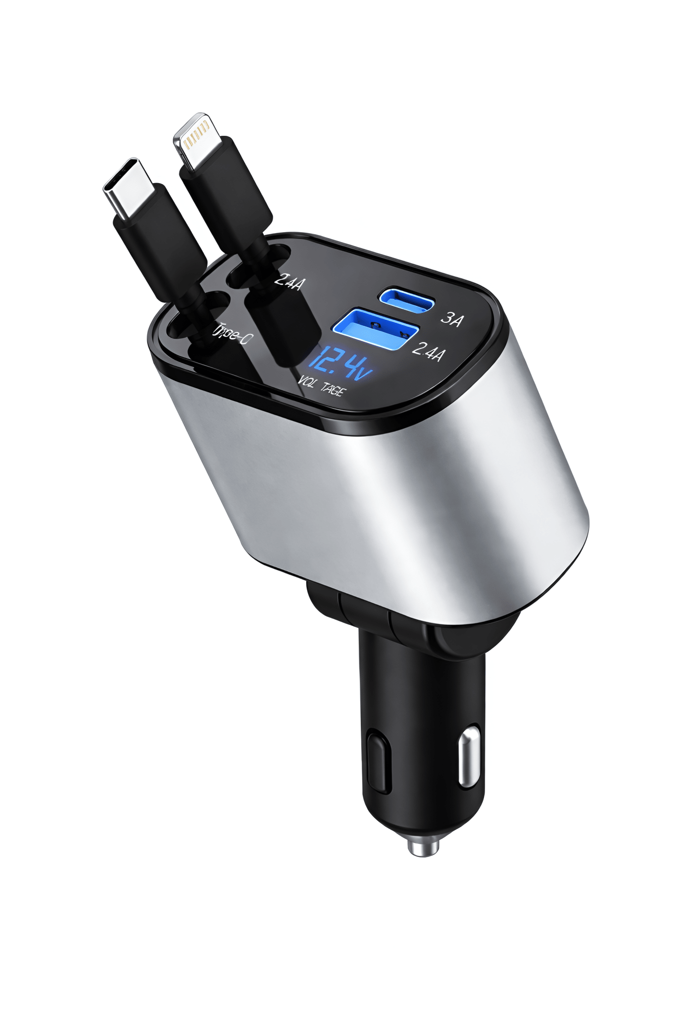 Upix 4-in-1 Retractable Car Charger 120W Super Fast Charging, Dual Ports Car Adapter with Type-C and Lightning Cable - Upix Inc.