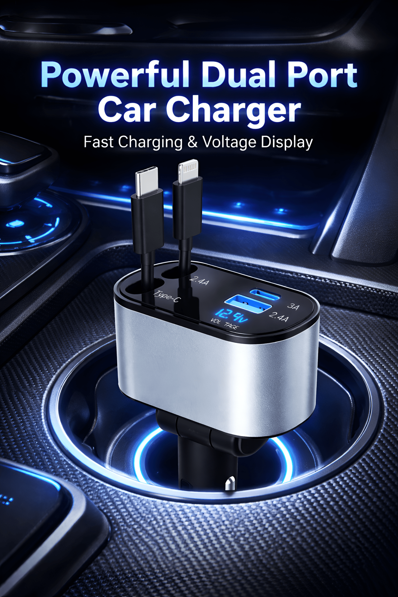 Upix 4-in-1 Retractable Car Charger 120W Super Fast Charging, Dual Ports Car Adapter with Type-C and Lightning Cable - Upix Inc.
