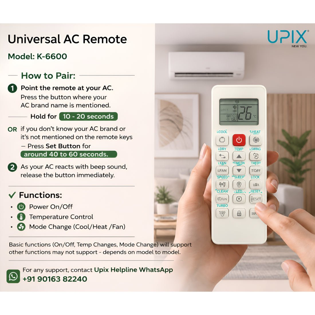 Upix Compatible Universal AC Remote No. K-6600, No Backlight, Exact Match Required - Upix Inc.