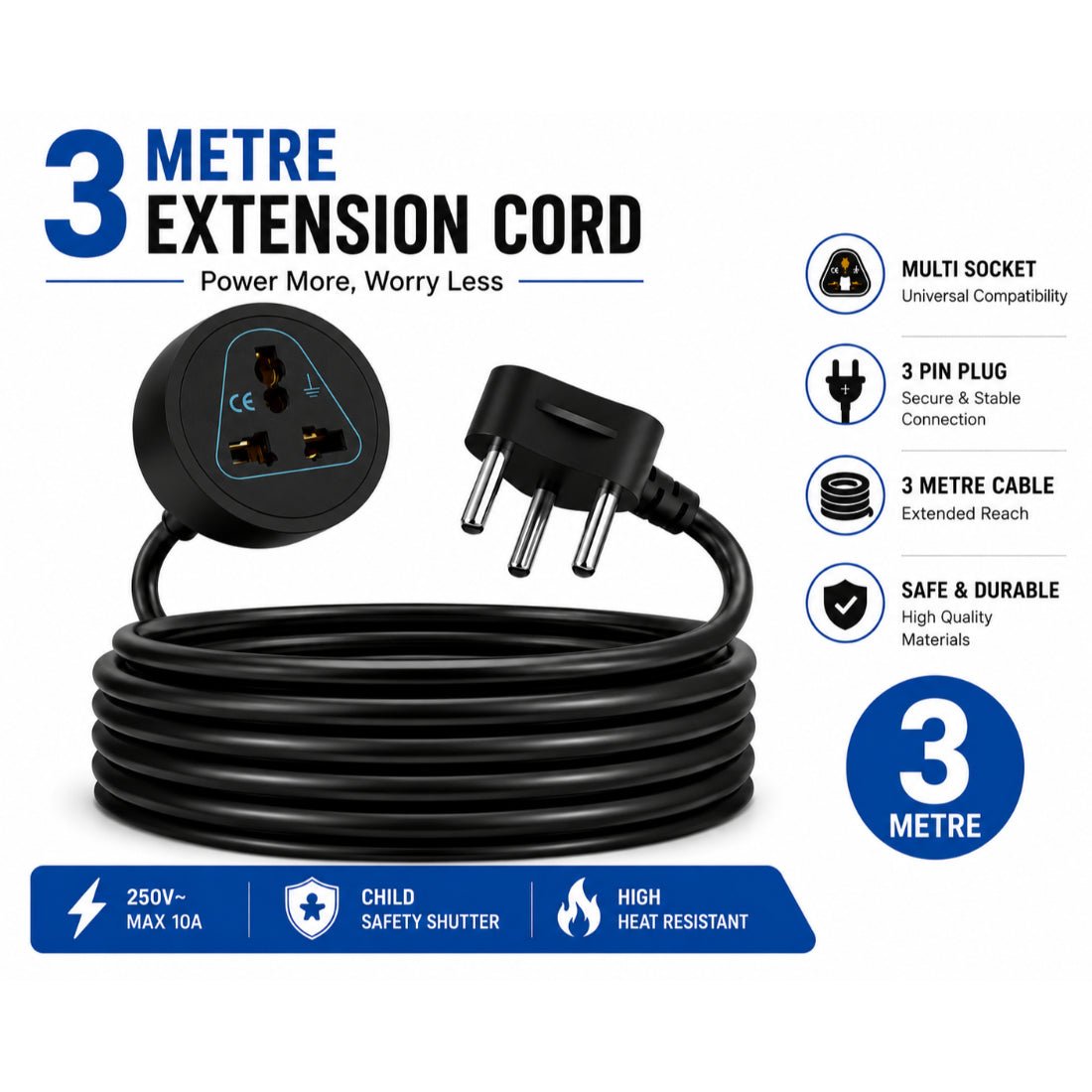 Upix Heavy Duty Extension Cord, 2500W 10A Single Socket Extension Cord - 2.7 Metres - Upix Inc.