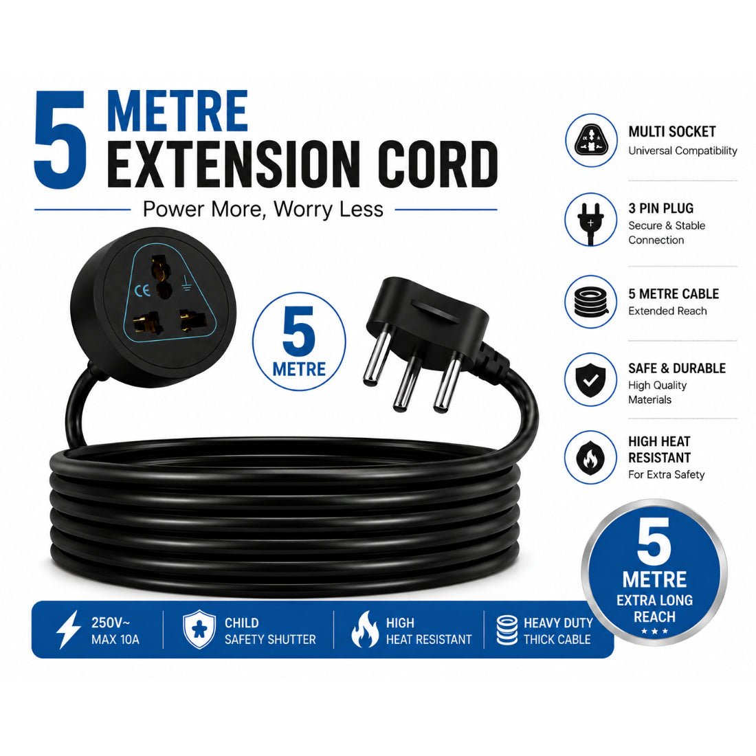 Upix Heavy Duty Extension Cord, 2500W 10A Single Socket Extension Cord - 4.5 Metres - Upix Inc.