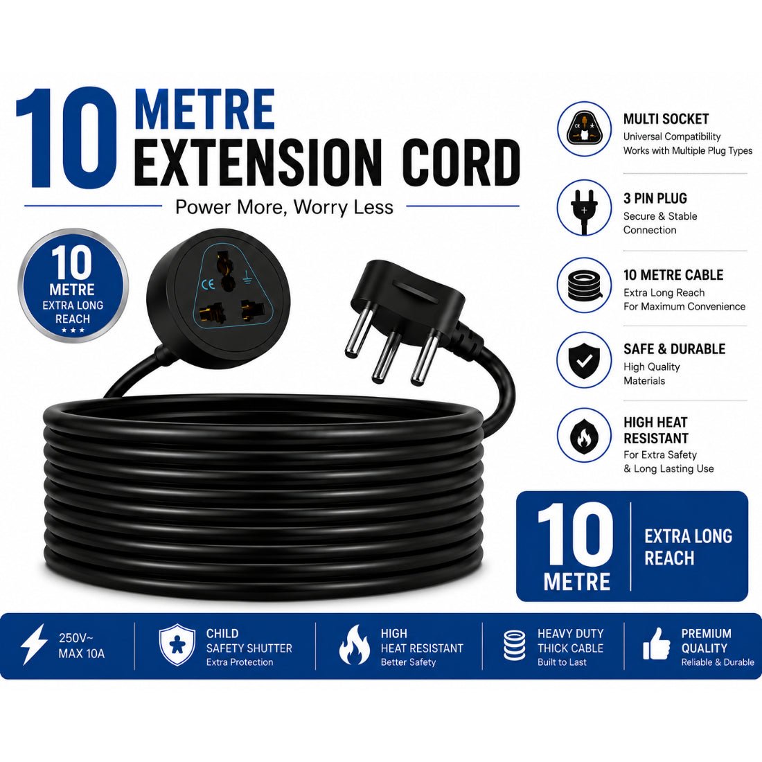 Upix Heavy Duty Extension Cord, 2500W 10A Single Socket Extension Cord - 9.5 Metres - Upix Inc.
