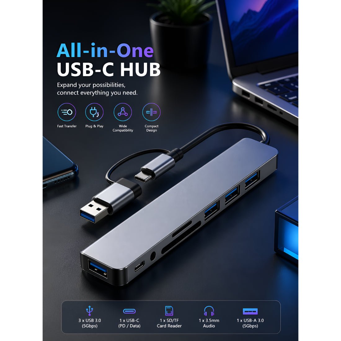Upix USB C Hub 8-in-1 Multiport Adapter with 4K HDMI, VGA, Ethernet, 3 USB 3.0 Ports, SD/TF Card Reader and PD Charging - Upix Inc.